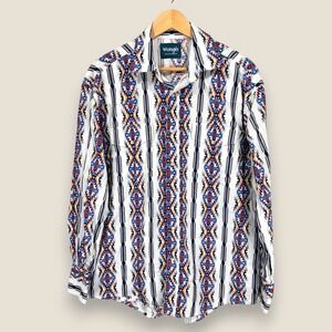 Wrangler Pearl Snap Western Shirt Men Large White Blue Red Aztec Southwestern